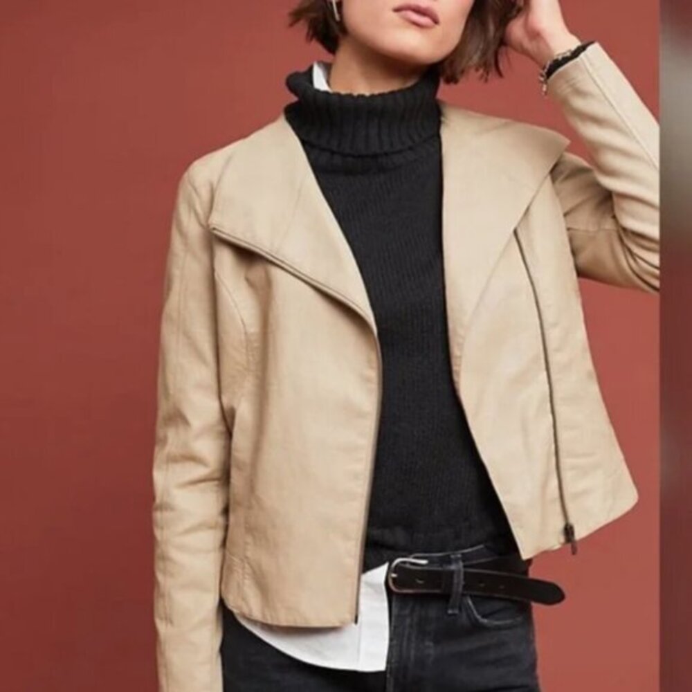 Anthropologie ett:twa Women's Tan Faux Leather Moto Biker Jacket Size Large